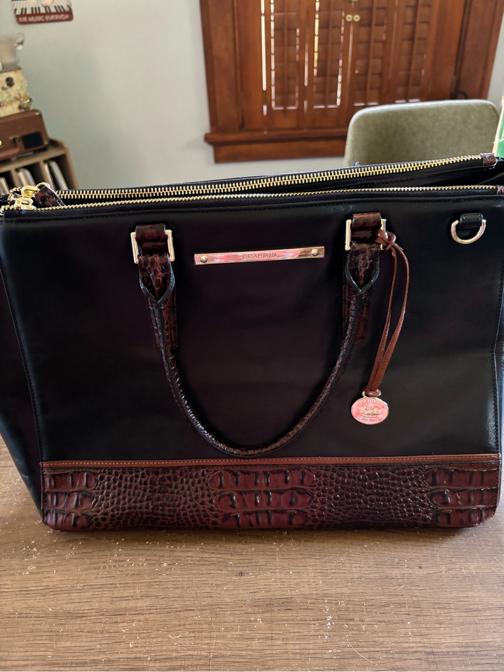 Brahmin Black and Brown Croc-Trim Satchel